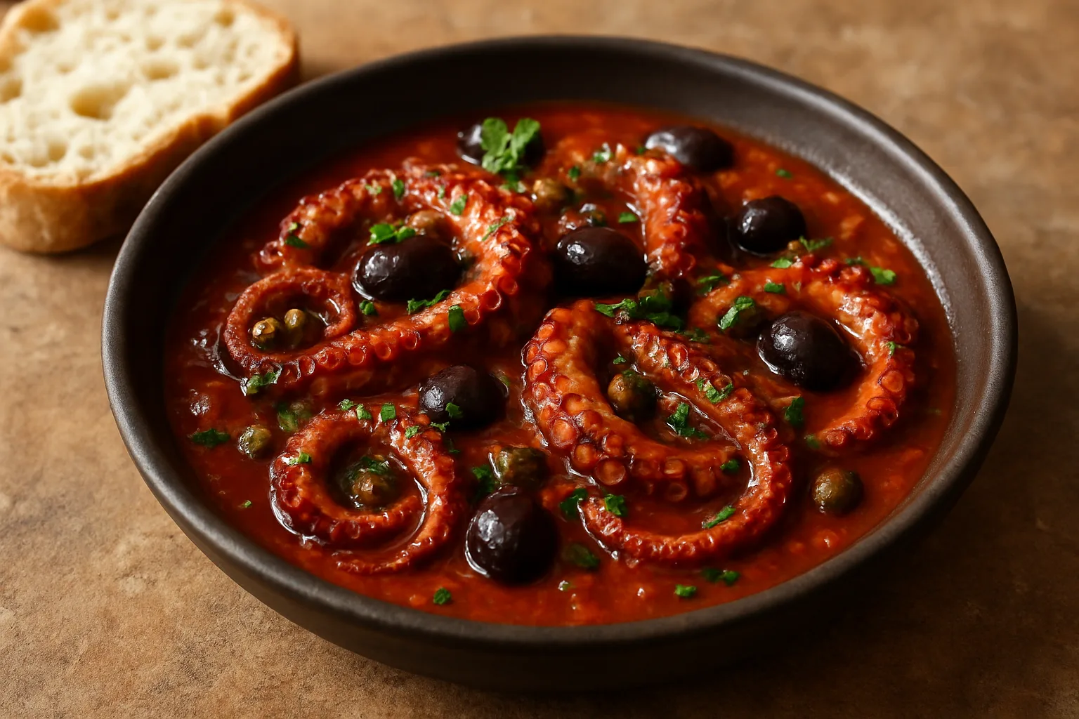 Polpo alla Luciana mit Oktopus, Tomatensauce, schwarzen Oliven, Kapern und frischer Petersilie