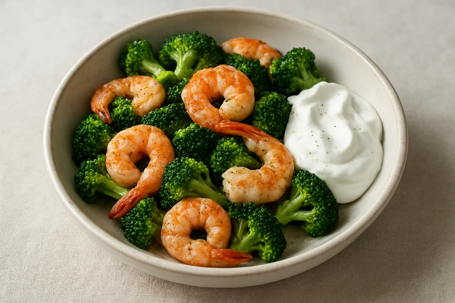 Proteinreiche Garnelen-Brokkoli-Pfanne mit Skyr-Dip