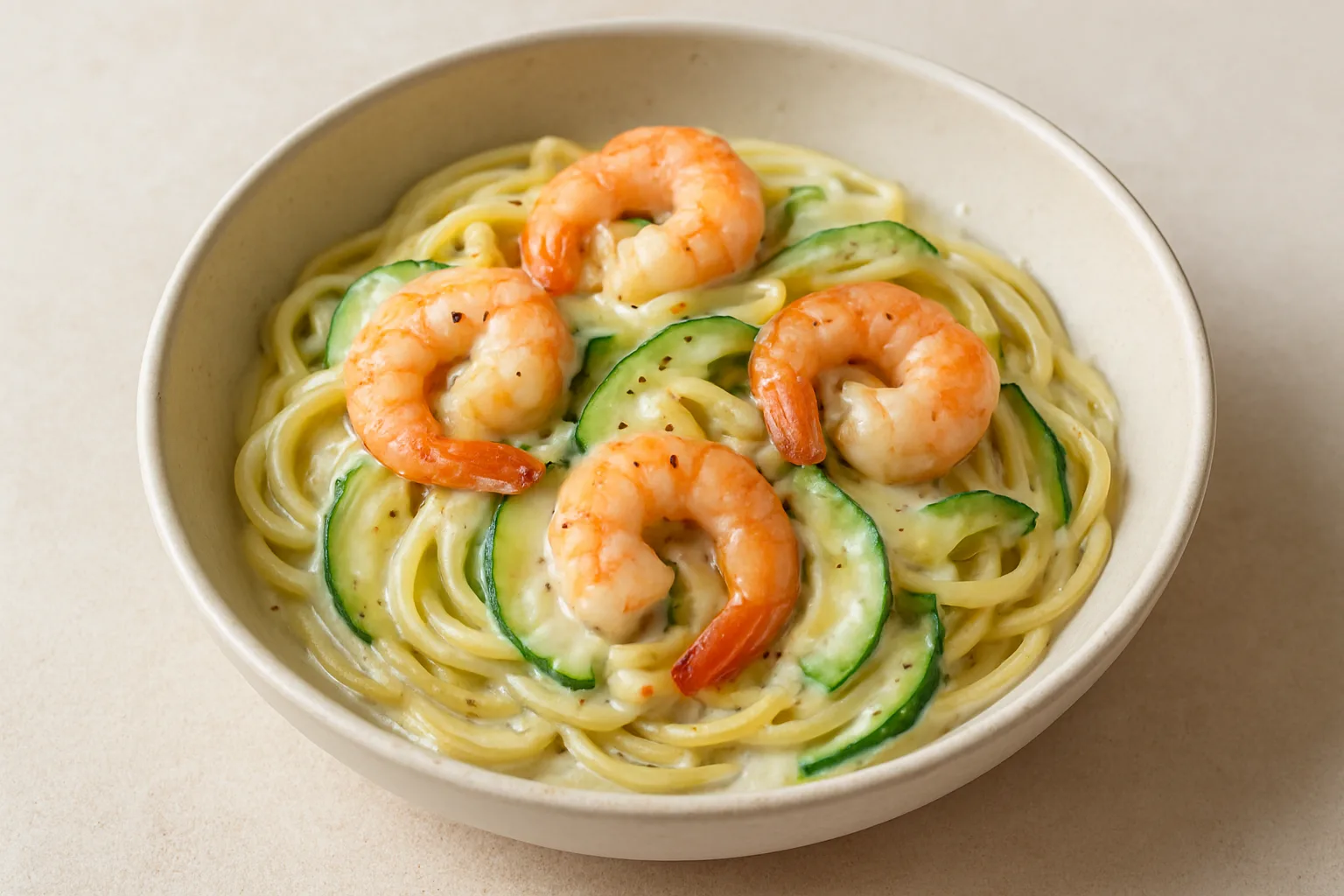 Proteinreiche Garnelen-Zucchini-Pasta mit Zitronen-Skyr