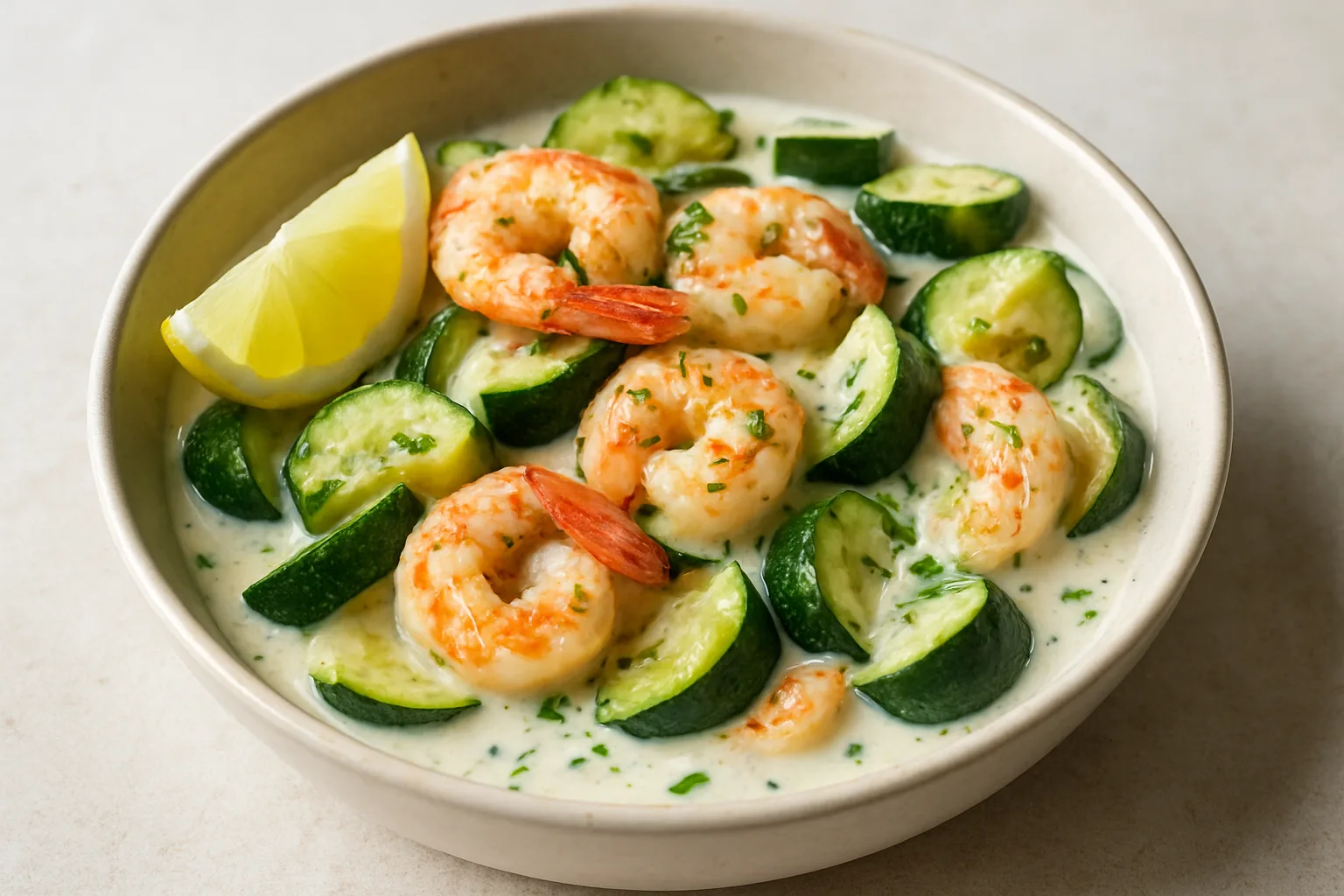 Proteinreiche Garnelen-Zucchini-Pfanne mit Joghurt-Sauce