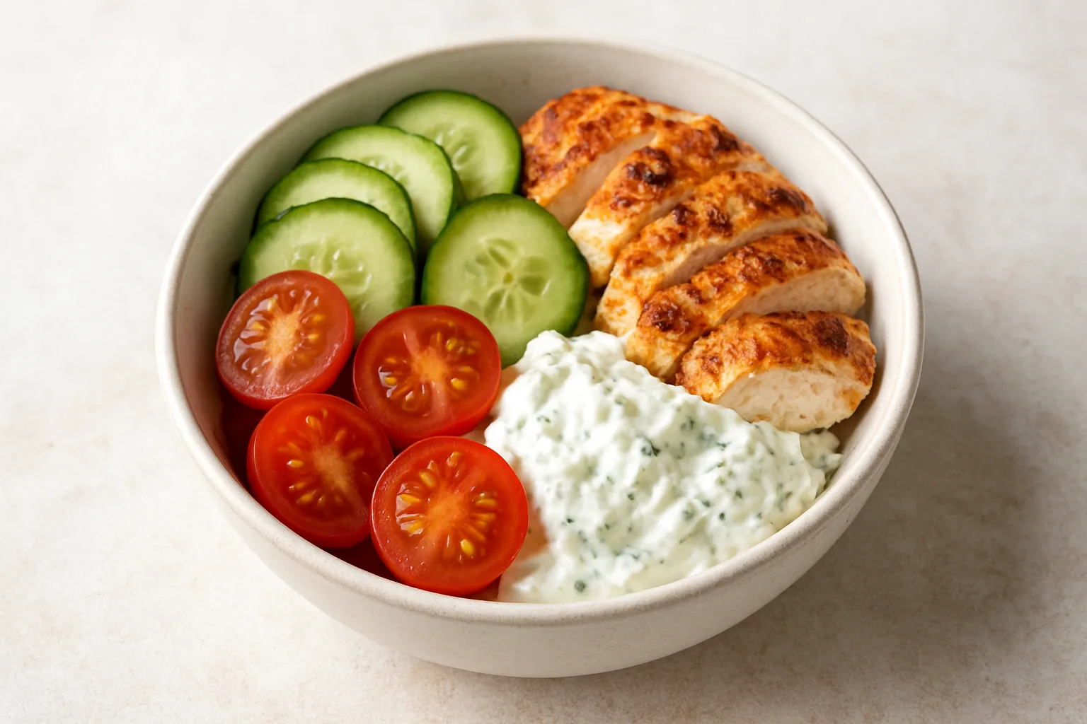 Proteinreiche Hähnchen-Skyr-Bowl mit Gurke und Tomaten
