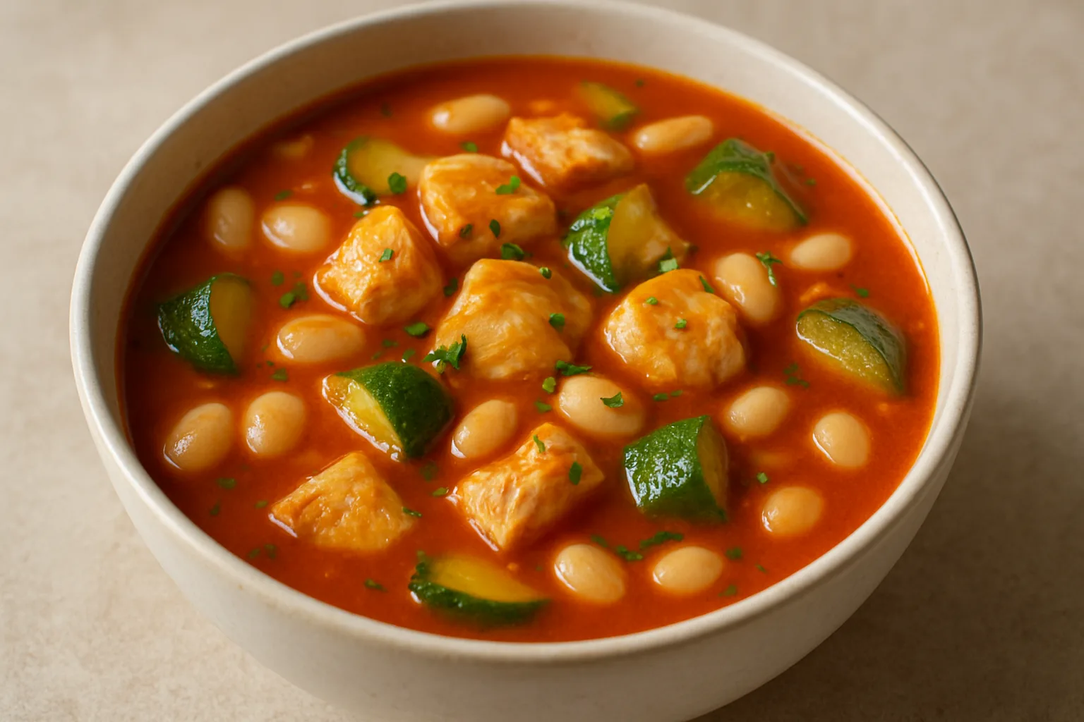 Proteinreiche Hähnchen-Tomaten-Suppe mit weißen Bohnen