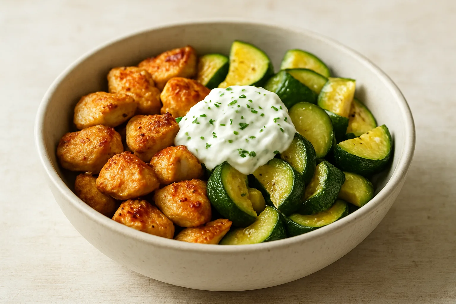 Proteinreiche Hähnchen-Zucchini-Bowl mit Kräuter-Skyr