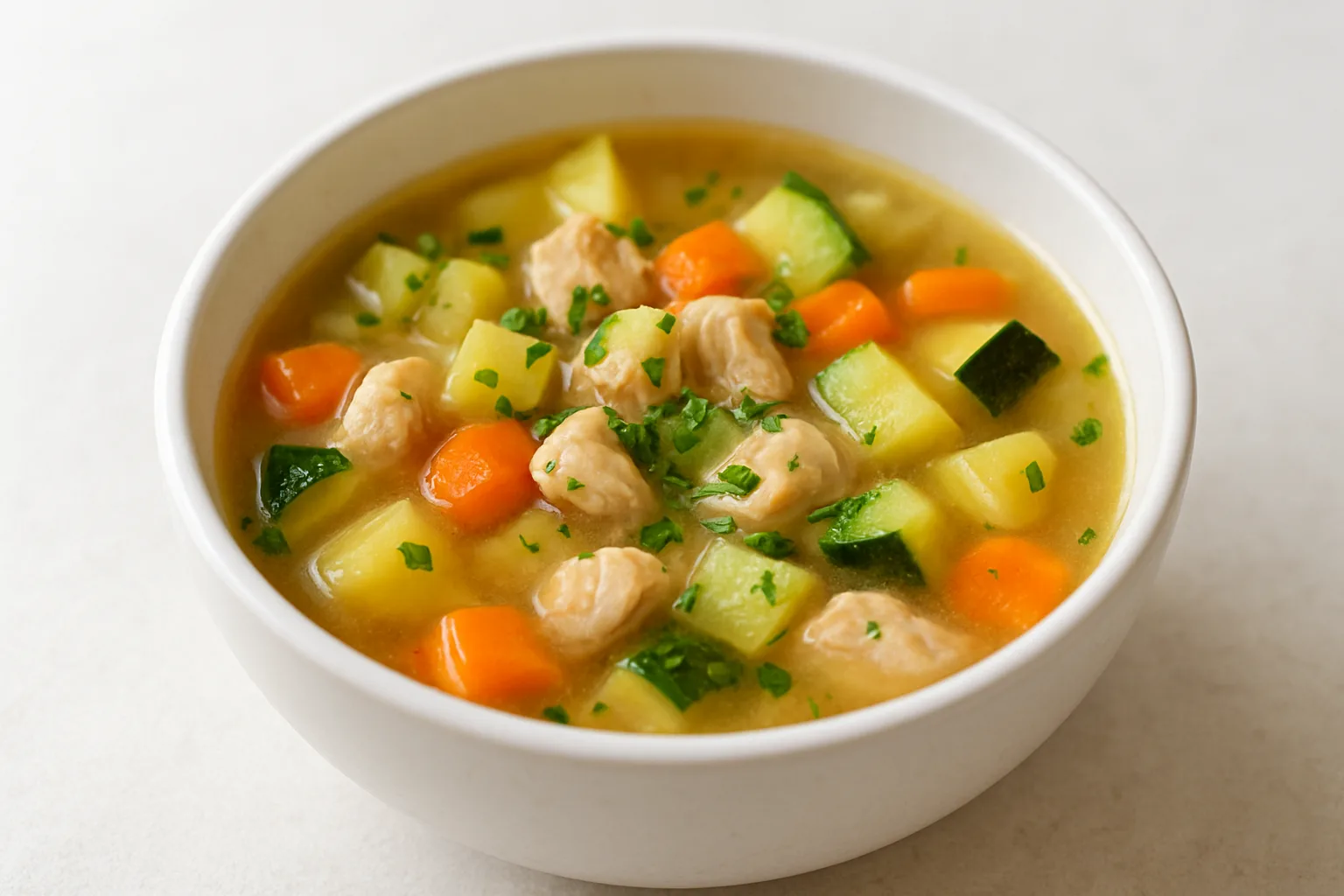 Milde Kartoffel-Hähnchen-Suppe mit kleinen Hähnchenstücken, Kartoffeln, Möhren und Zucchini