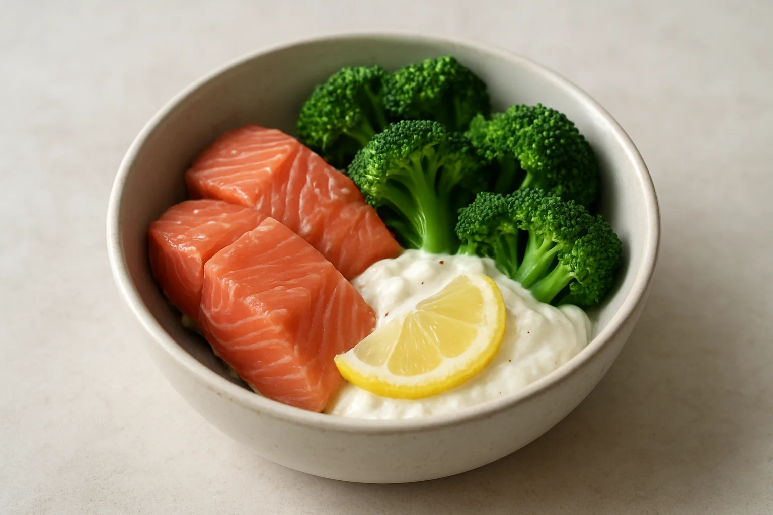 Proteinreiche Lachs-Brokkoli-Bowl mit Zitronen-Skyr