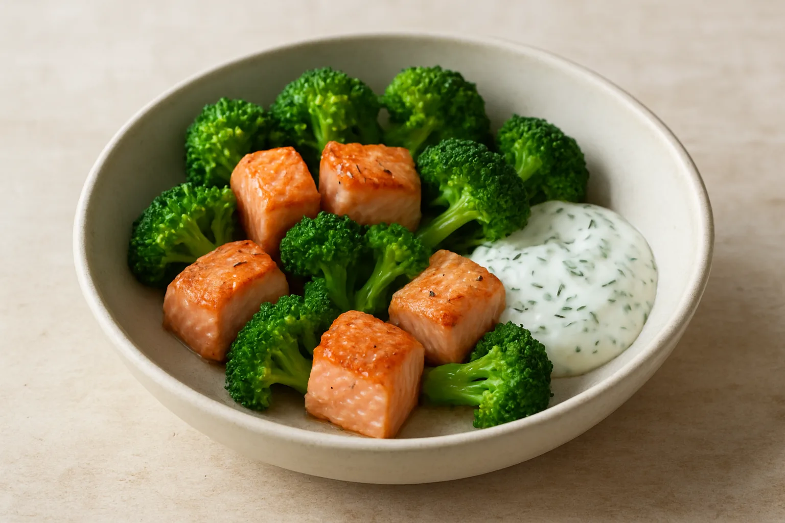 Lachs-Brokkoli-Pfanne mit Zitronen-Joghurt-Sauce in einer hellen Keramikschale