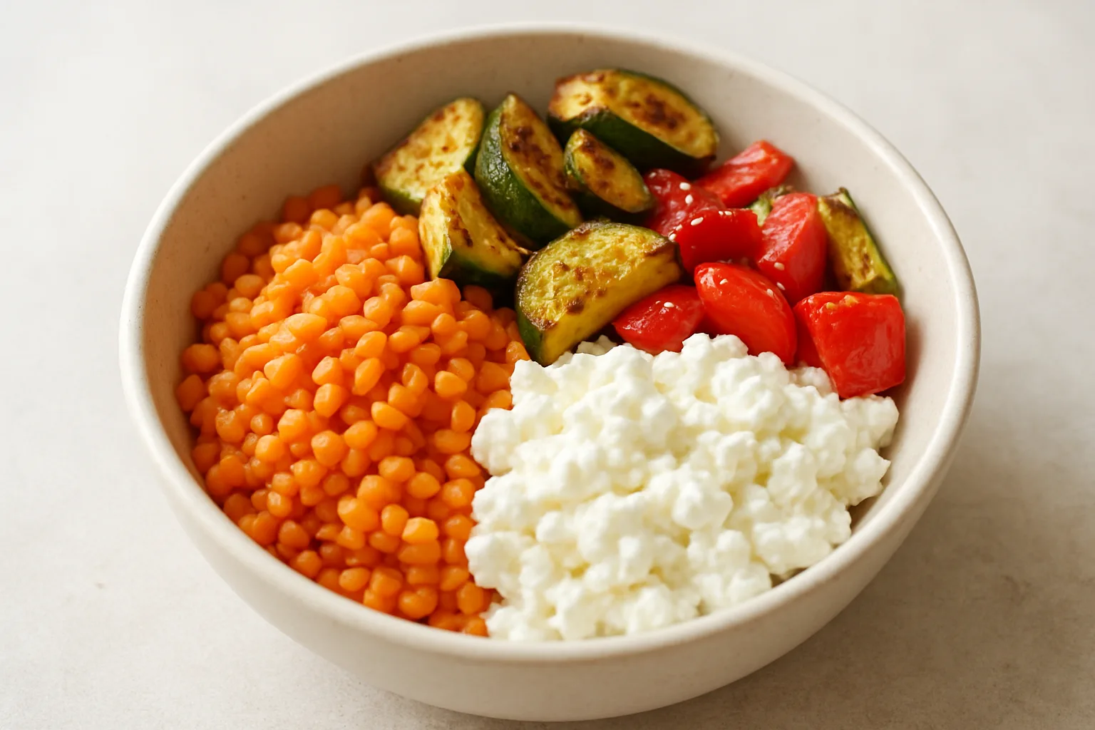 Proteinreiche Linsen-Hüttenkäse-Bowl mit Ofengemüse
