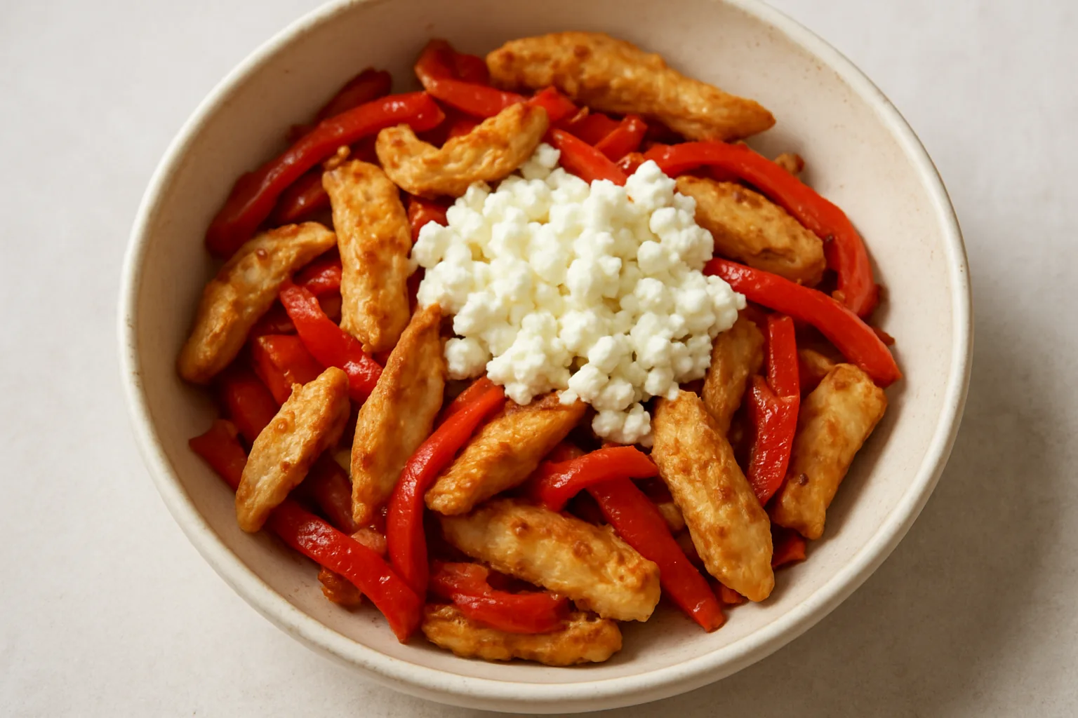 Proteinreiche Puten-Paprika-Pfanne mit Hüttenkäse