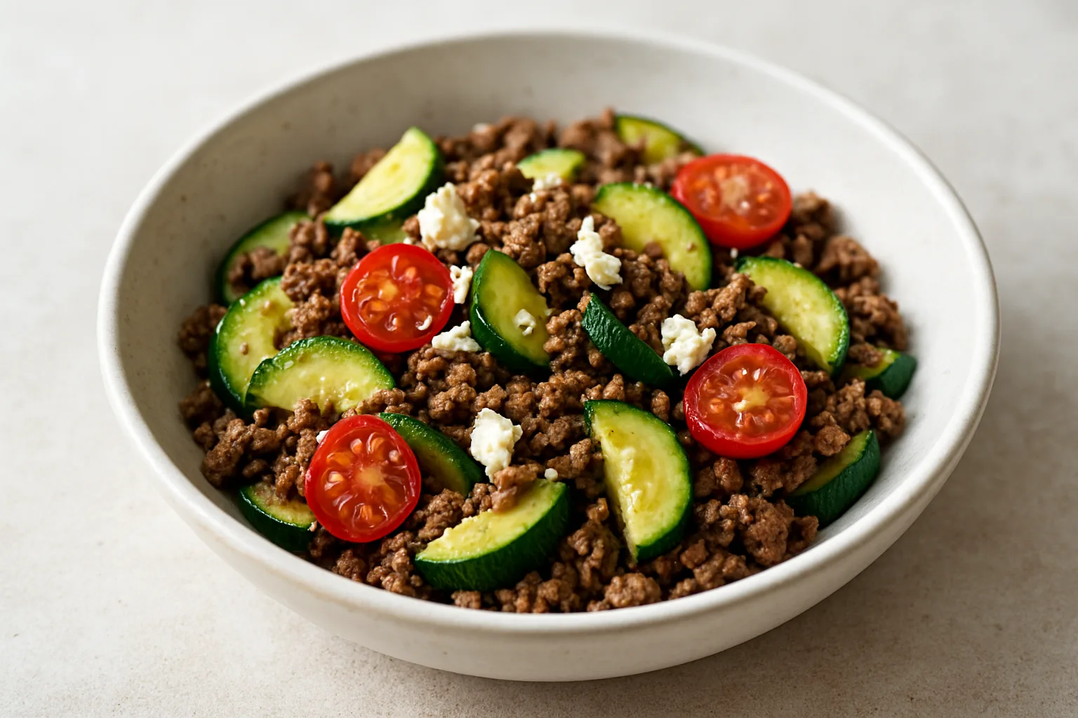 Proteinreiche Rinderhack-Zucchini-Pfanne mit Feta