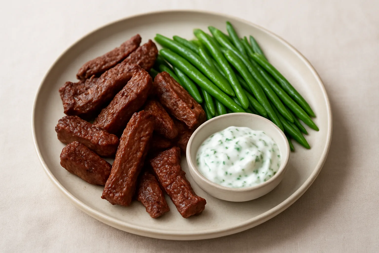 Proteinreiche Rinderstreifen mit grünen Bohnen und Kräuterjoghurt