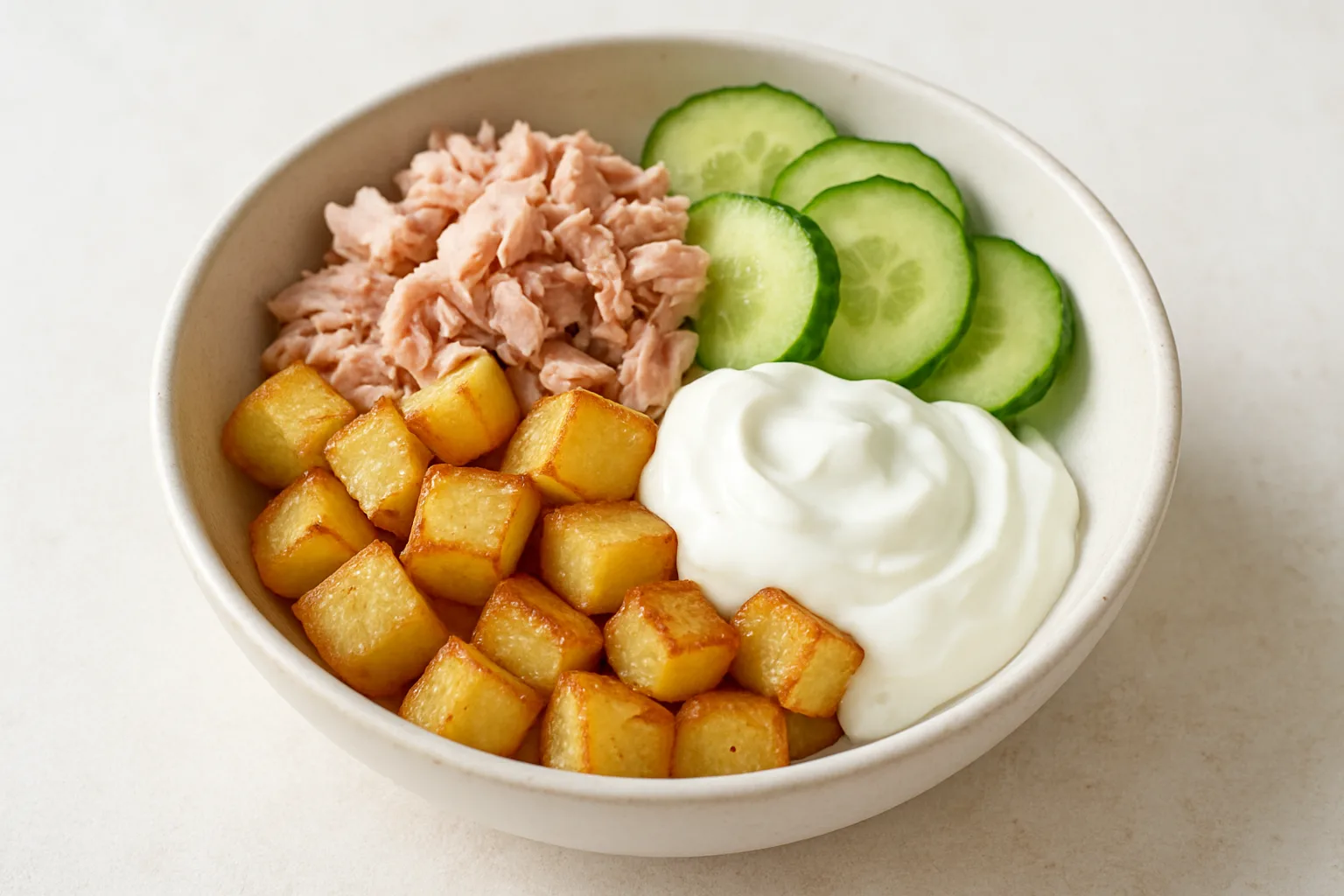 Proteinreiche Thunfisch-Kartoffel-Bowl mit Gurke und Joghurt