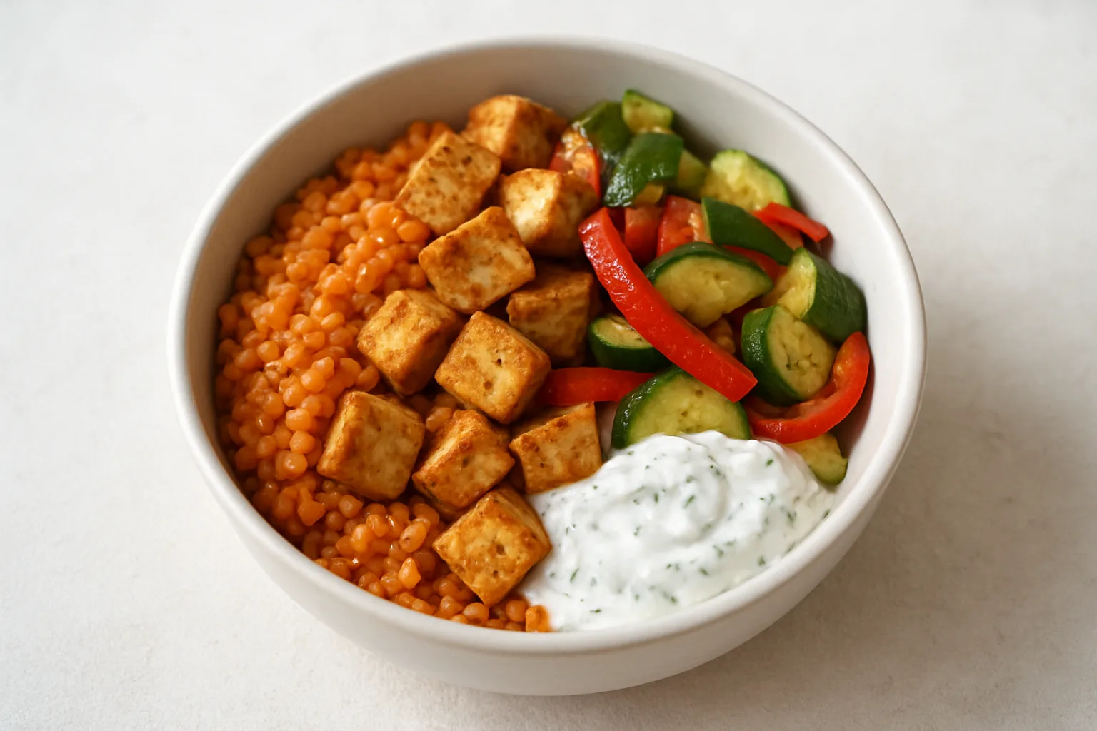 Proteinreiche Tofu-Linsen-Bowl mit Skyr-Kräuter-Dip