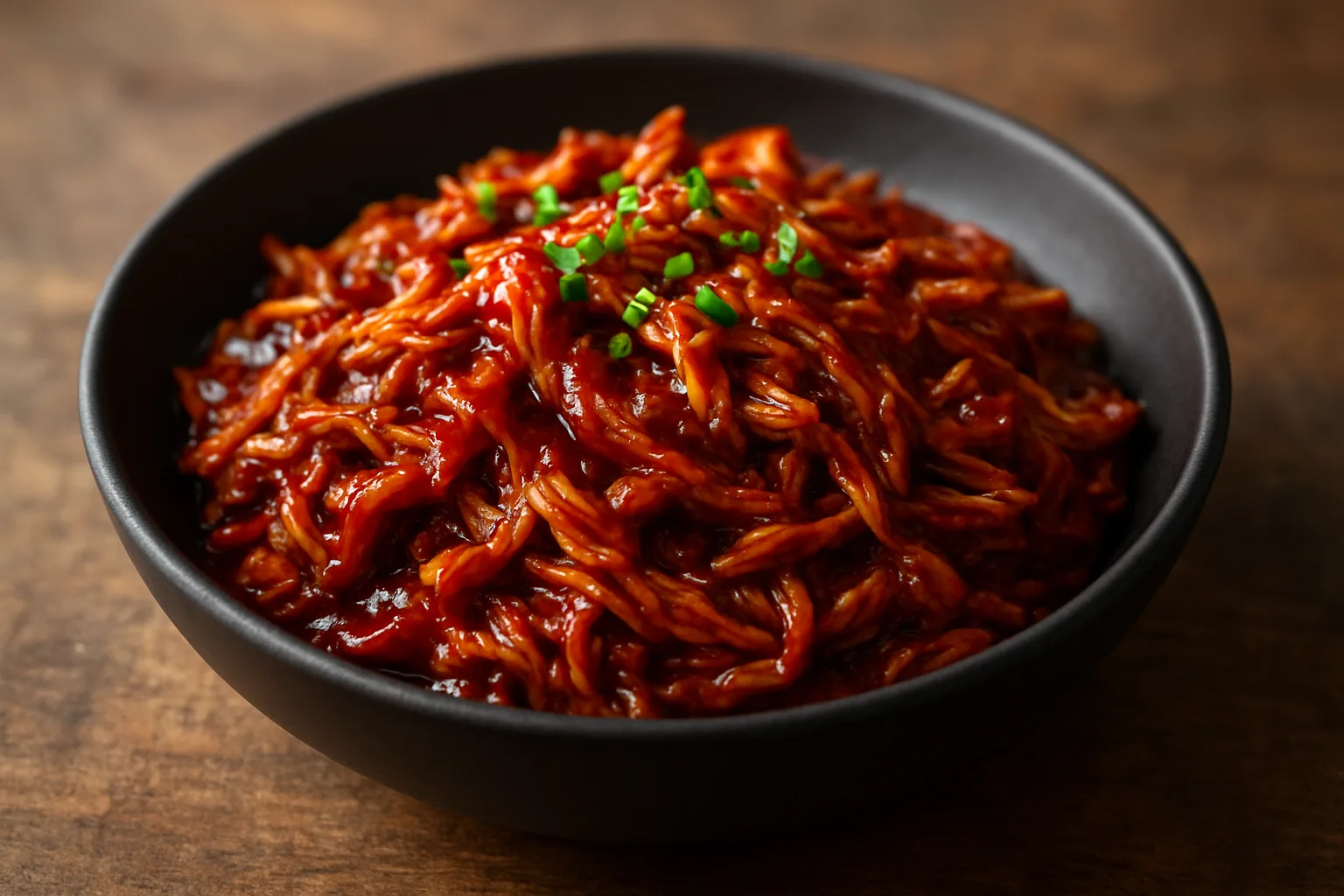 Saftiges Pulled Chicken BBQ aus dem Ninja Foodi PossibleCooker in einer dunklen Schale