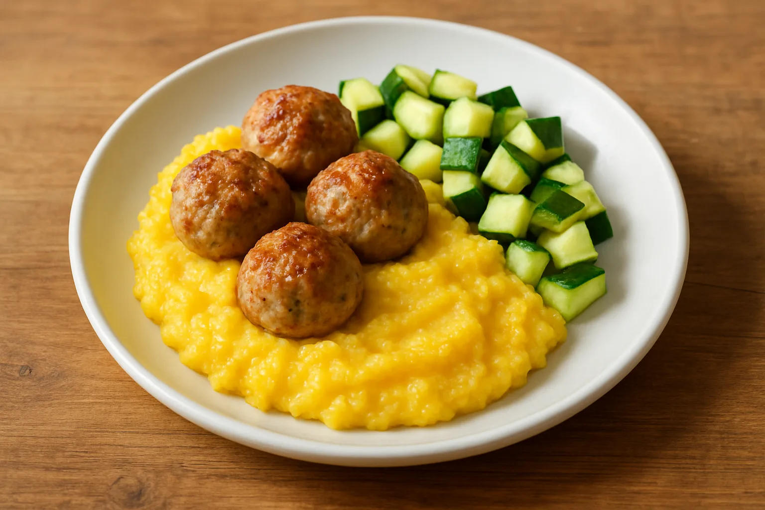 Putenbällchen mit cremiger Polenta und Zucchini für Kleinkinder