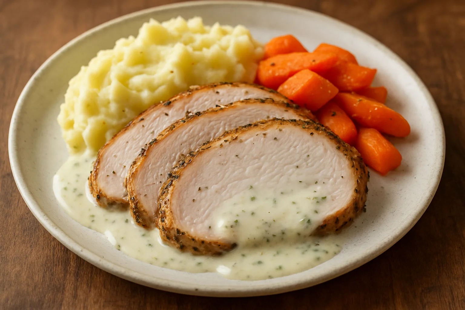 Saftiger Putenbraten in Scheiben mit cremiger Kräutersauce