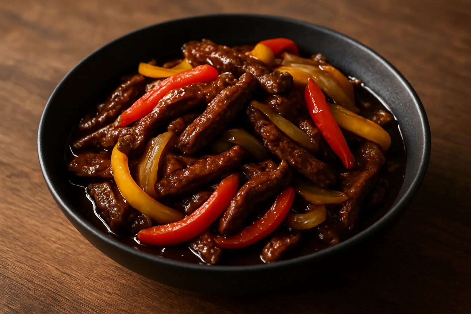Rinderstreifen mit Paprika und Zwiebeln in würziger Sauce