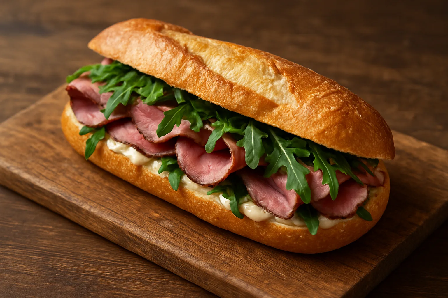 Roastbeef-Rucola-Baguette mit Parmesancreme und Tomate