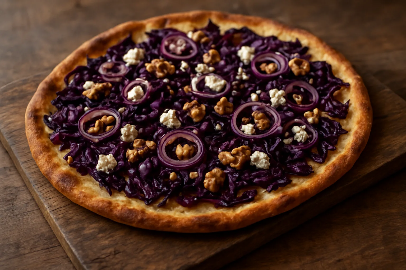 Knuspriger Rotkohl-Flammkuchen mit Feta, roten Zwiebeln und Walnüssen