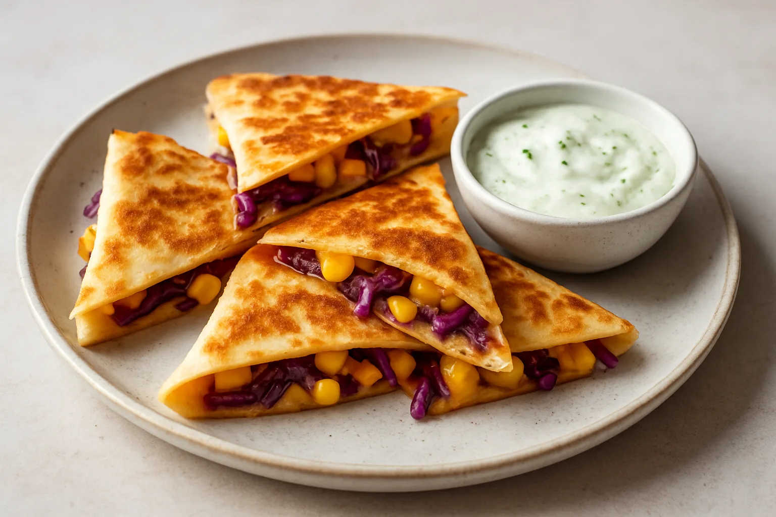 Knusprige Rotkohl-Quesadillas mit Cheddar, Mais und cremigem Limetten-Dip