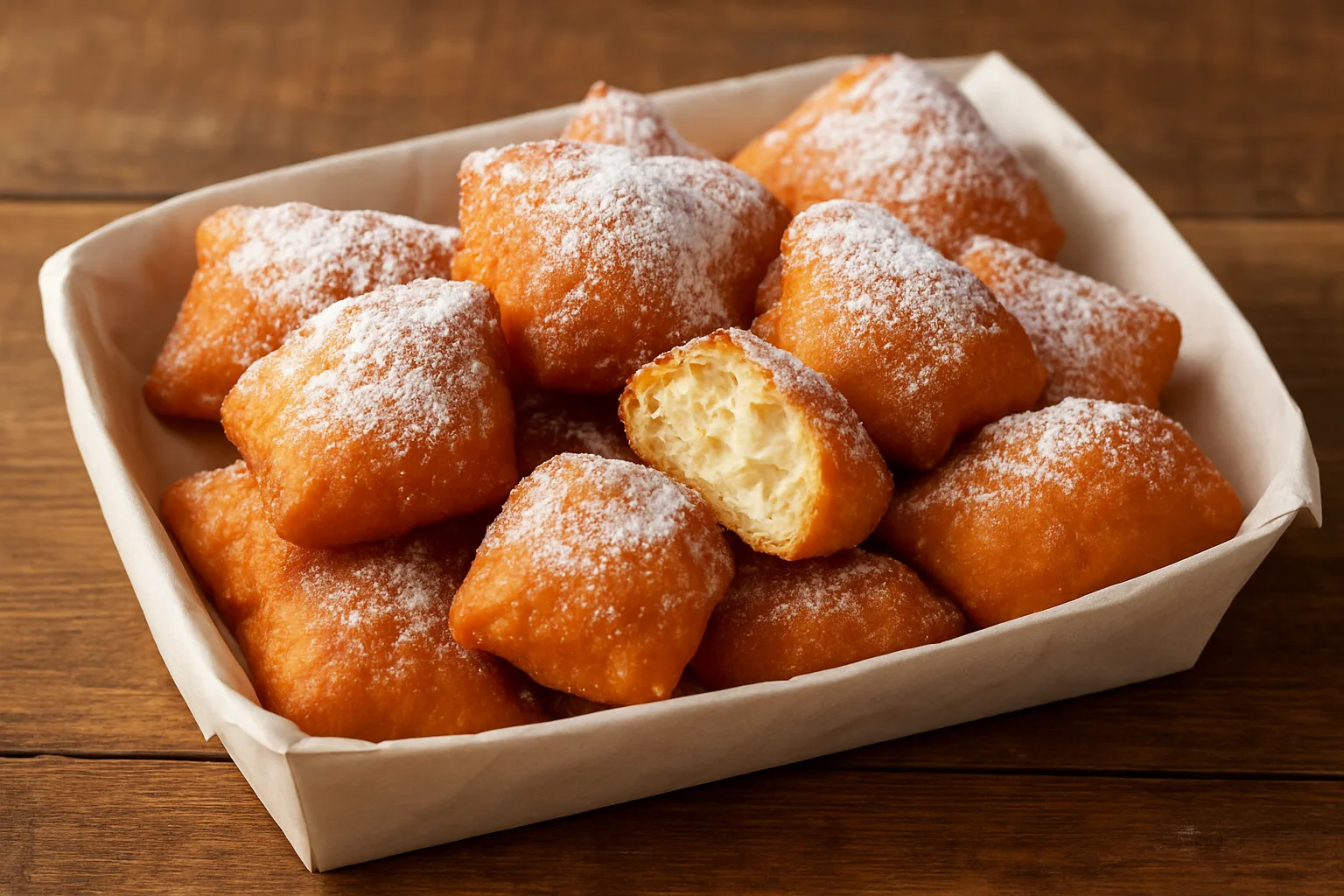 Goldbraunes Schmalzgebäck mit Puderzucker wie vom Jahrmarkt