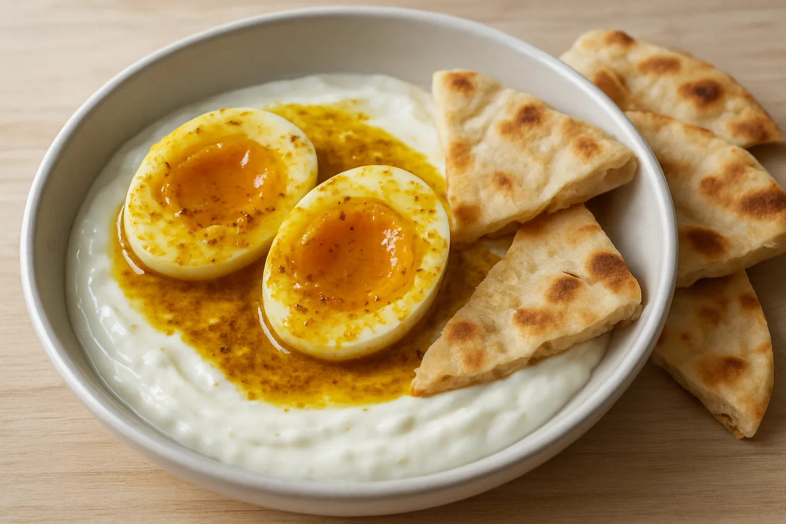 Curry-Rühreier auf Kräuterjoghurt mit Fladenbrot