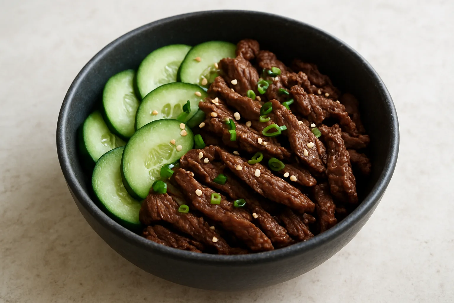 Sesam-Rindfleisch-Gurken-Bowl mit Frühlingszwiebeln