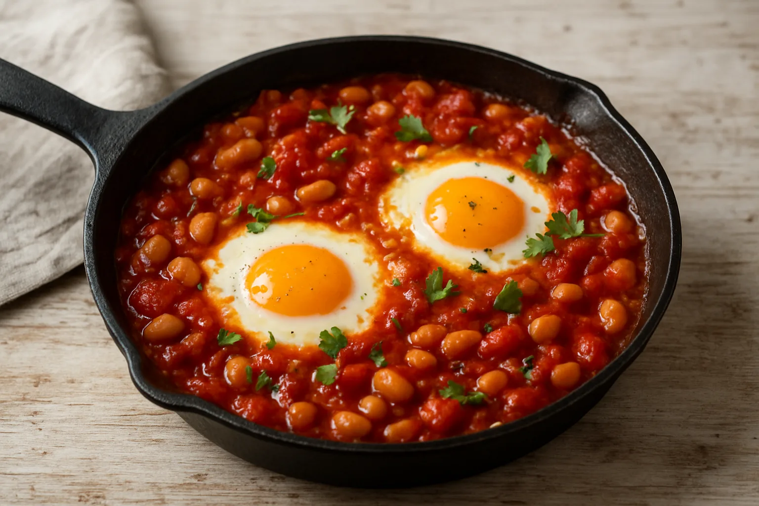 Schnelle Shakshuka mit weißen Bohnen und Eiern