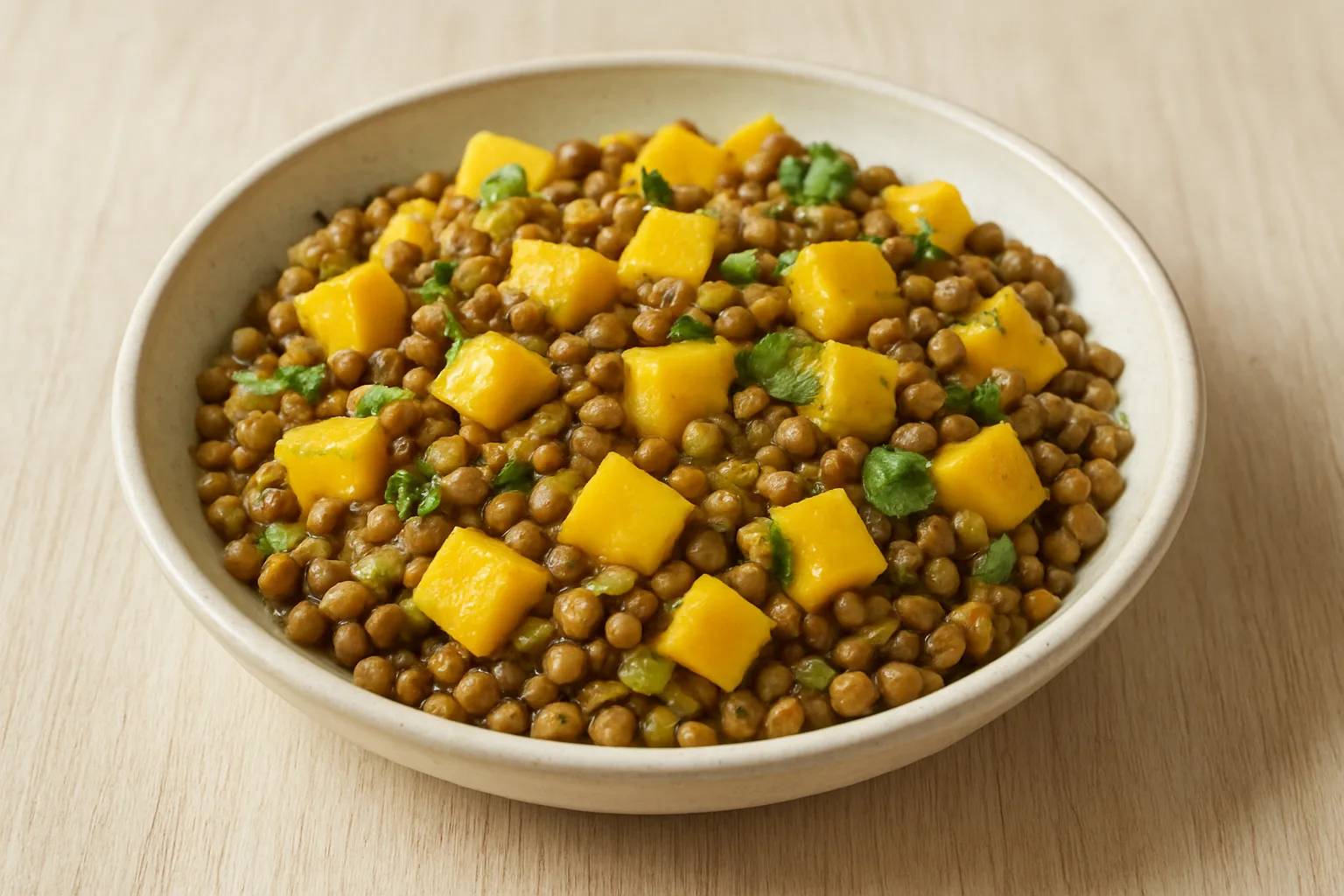 Linsen-Mango-Salat mit Gurke und Curry-Dressing