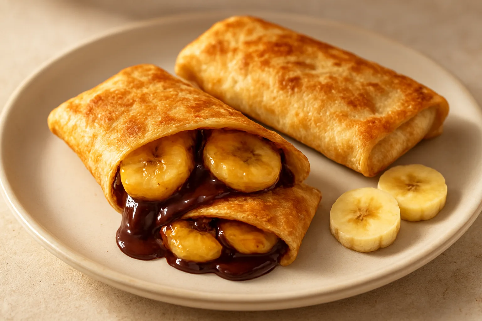 Knusprige Schoko-Bananen-Taschen mit warmer Banane und geschmolzener dunkler Schokolade