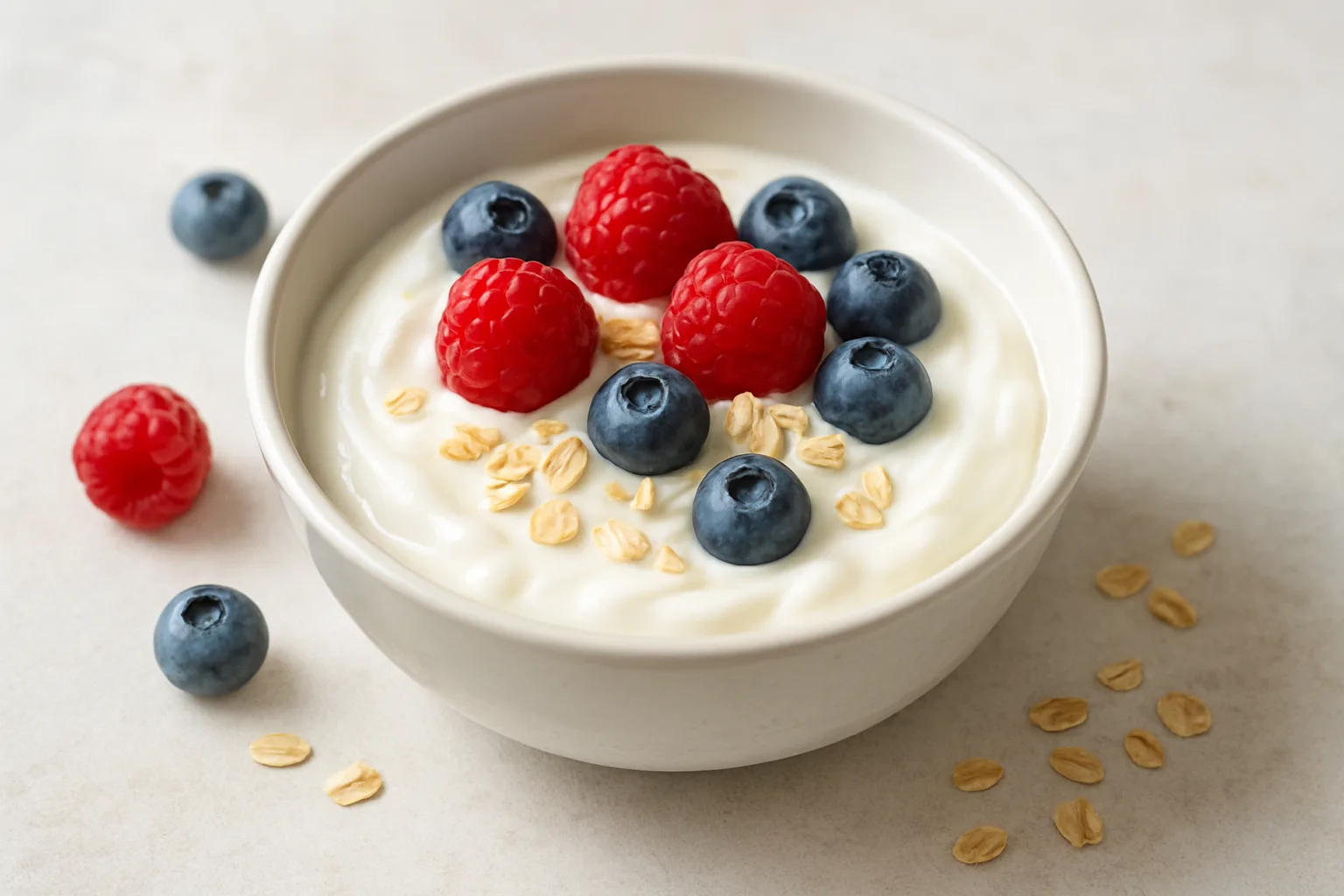 Skyr-Beeren-Frühstück mit Haferflocken in einer kleinen Schale