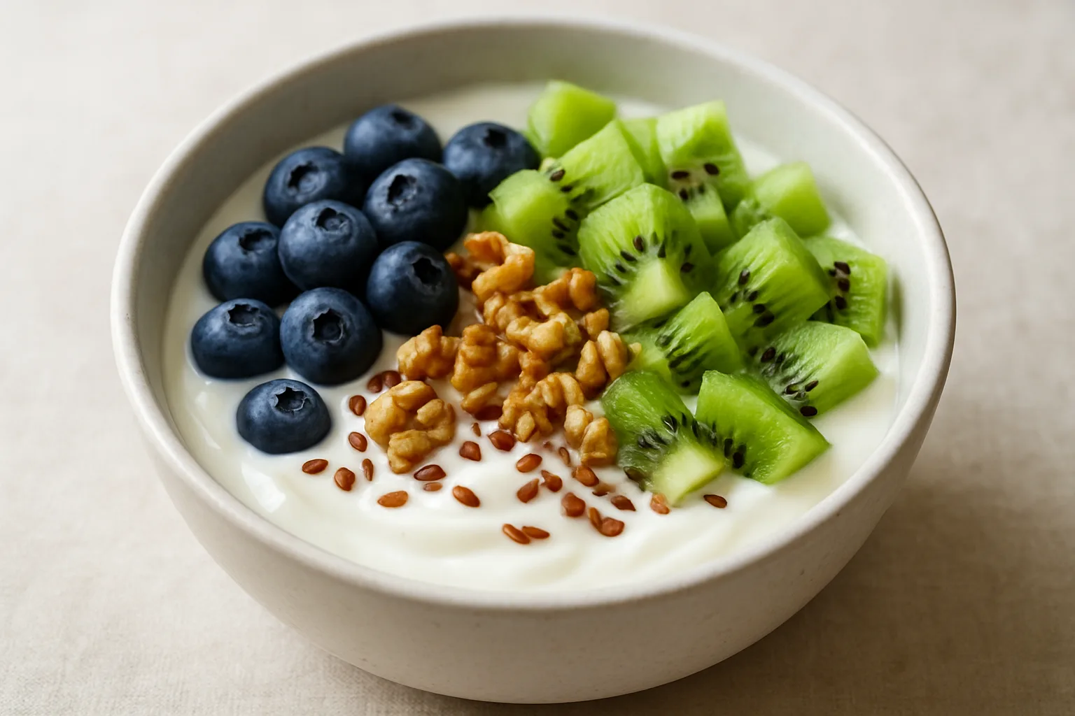 Skyr mit Heidelbeeren, Kiwi, Walnüssen und geschroteten Leinsamen