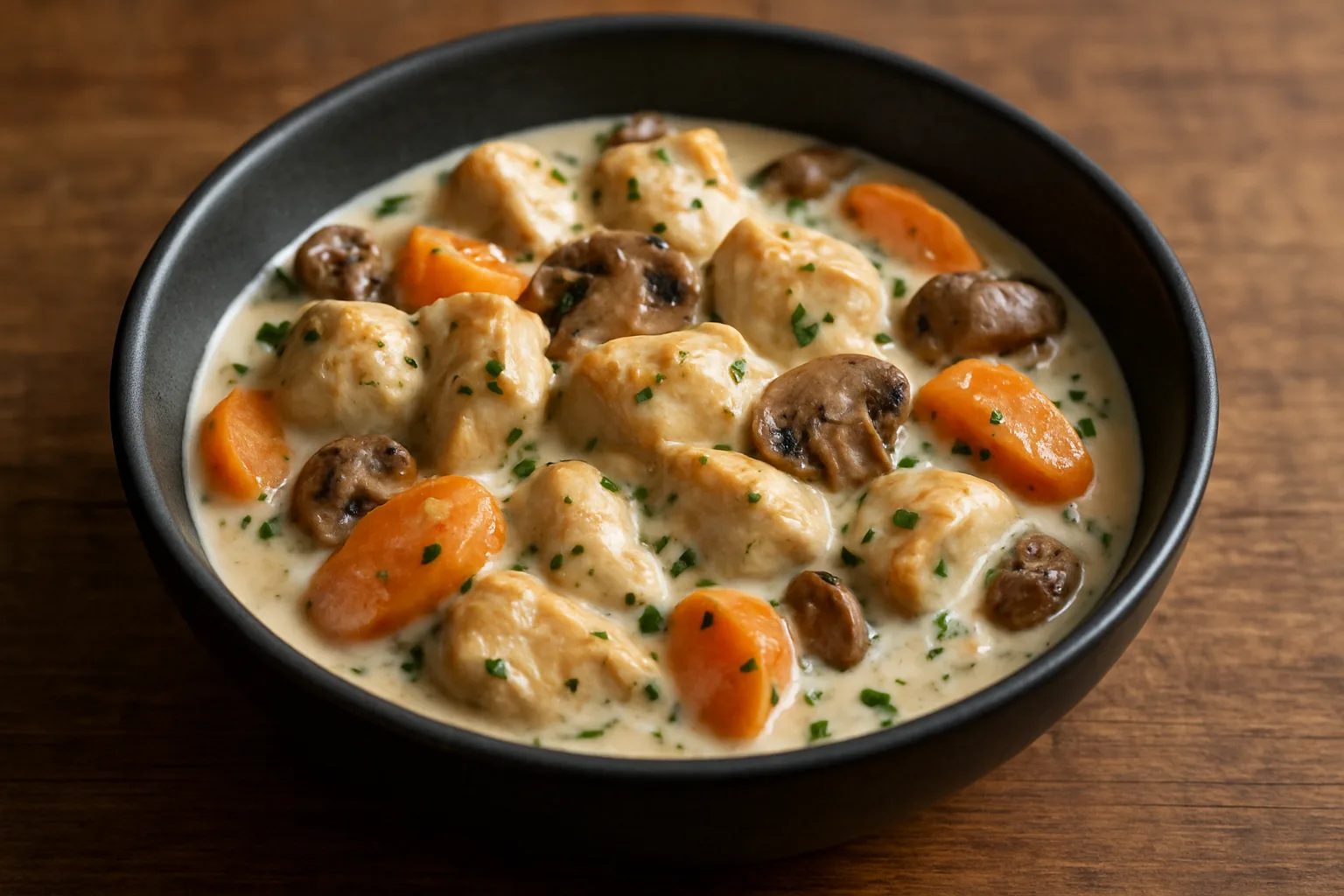 Putenbrust in cremiger Kräutersauce mit Möhren und Champignons aus dem Ninja PossibleCooker