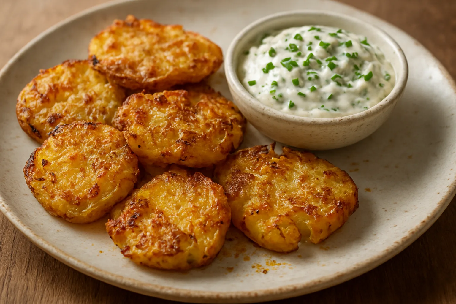Knusprige Smashed Potatoes mit Parmesan und cremigem Kräuterquark