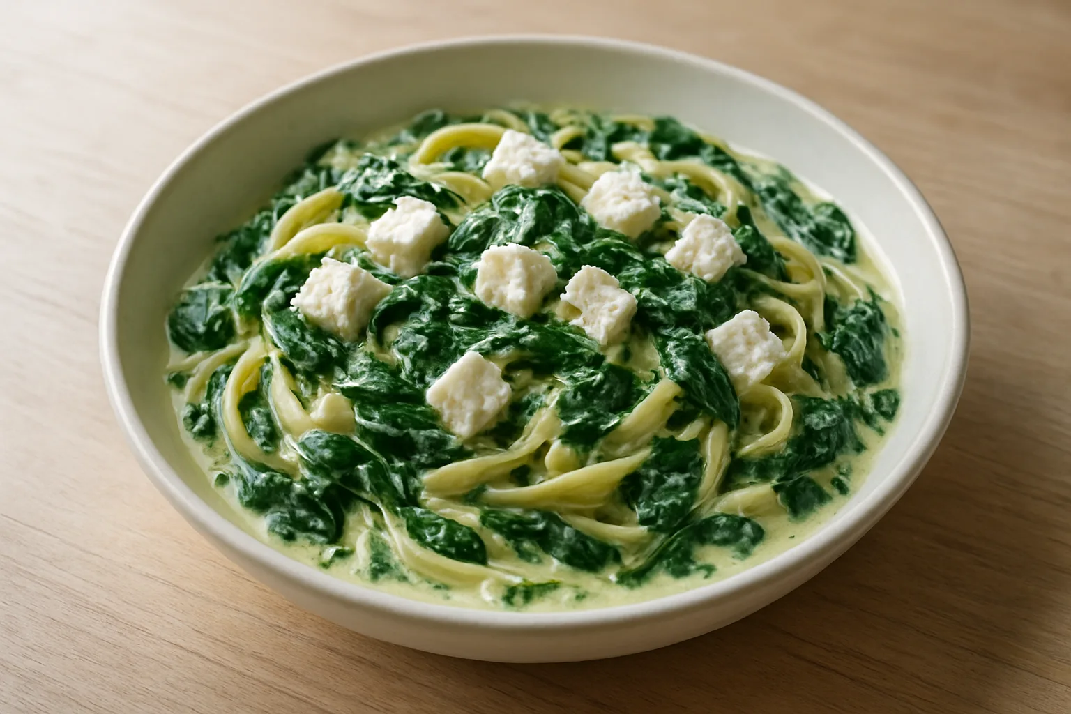 Cremige Spinat-Feta-Nudeln mit zerbröseltem Feta in einem tiefen Teller