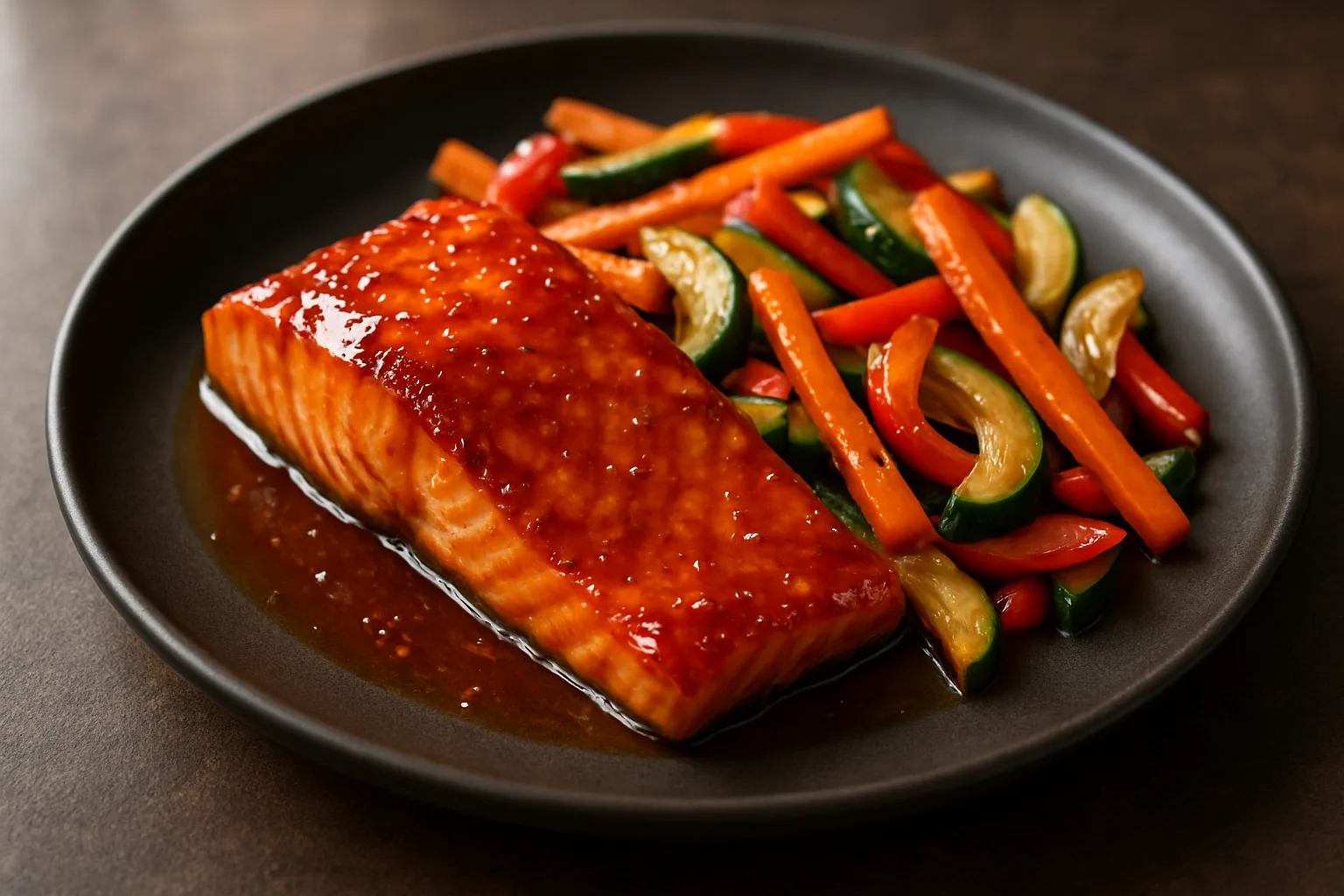Sweet-Chili-Lachs mit Möhren, Paprika, Zucchini und Zwiebeln in würziger Soja-Sauce
