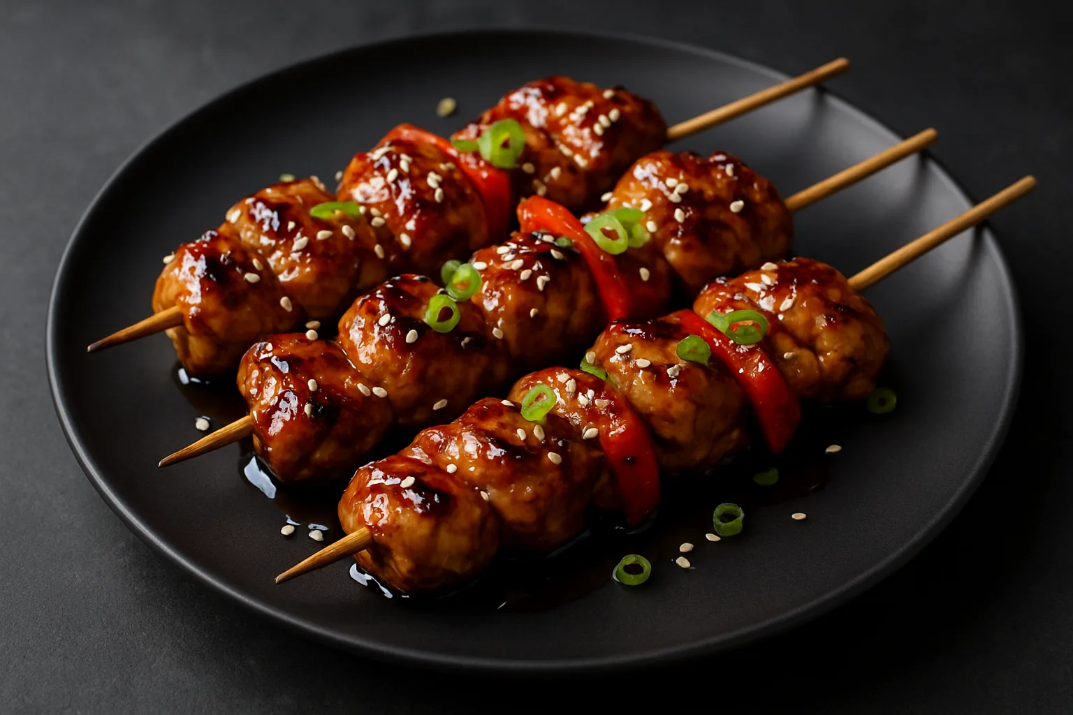 Glasierte Teriyaki-Hähnchenspieße mit roter Paprika und Sesam