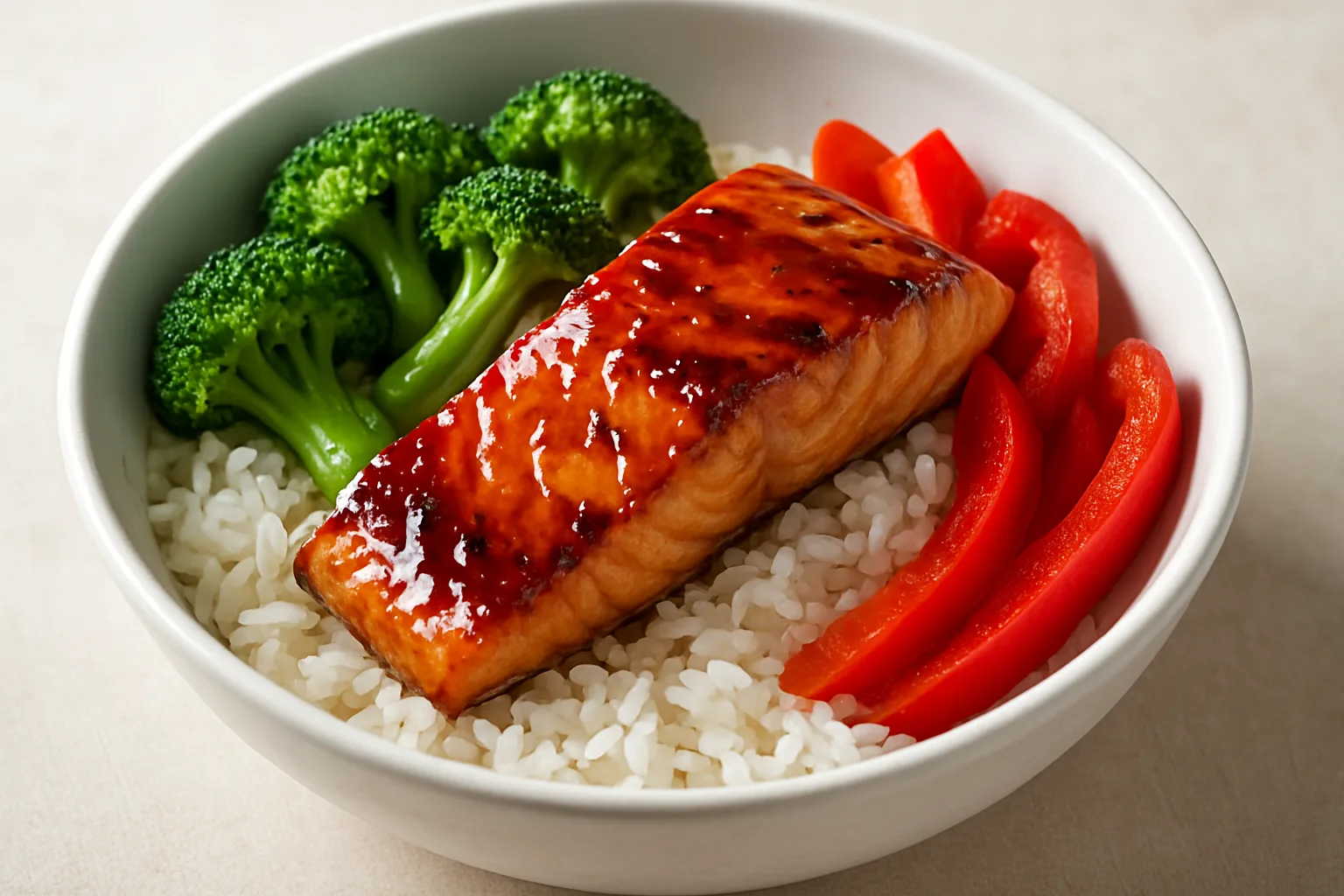 Teriyaki-Lachs mit Reis Brokkoli und Paprika aus dem Ninja Speedi