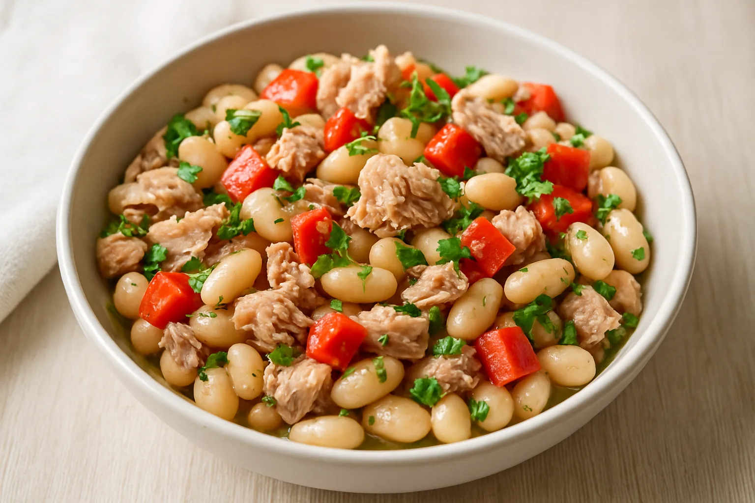 Thunfisch-Bohnen-Salat mit weißen Bohnen, roter Paprika und Petersilie