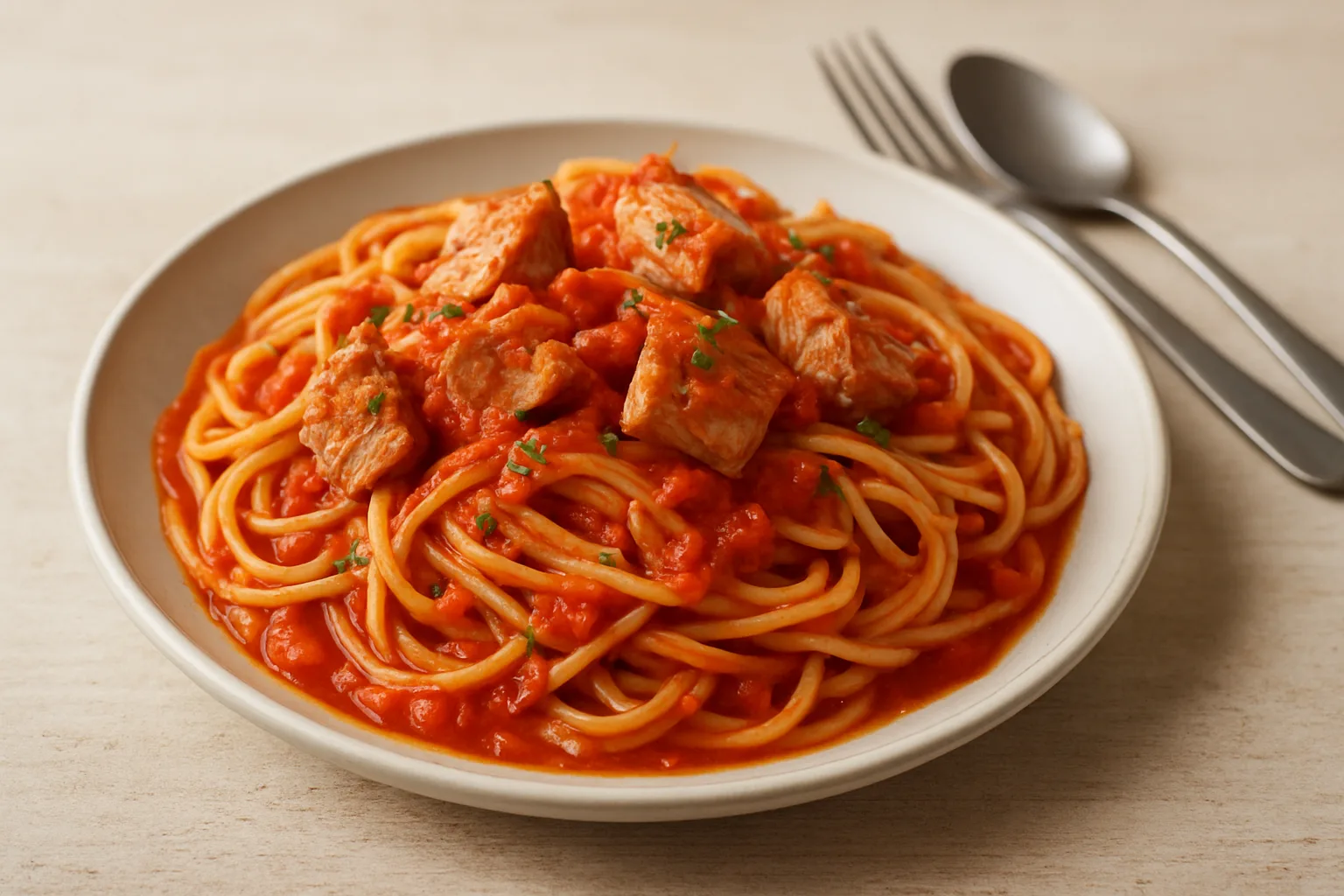Thunfisch-Tomaten-Pasta mit stückiger Tomatensauce in einem hellen Pastateller