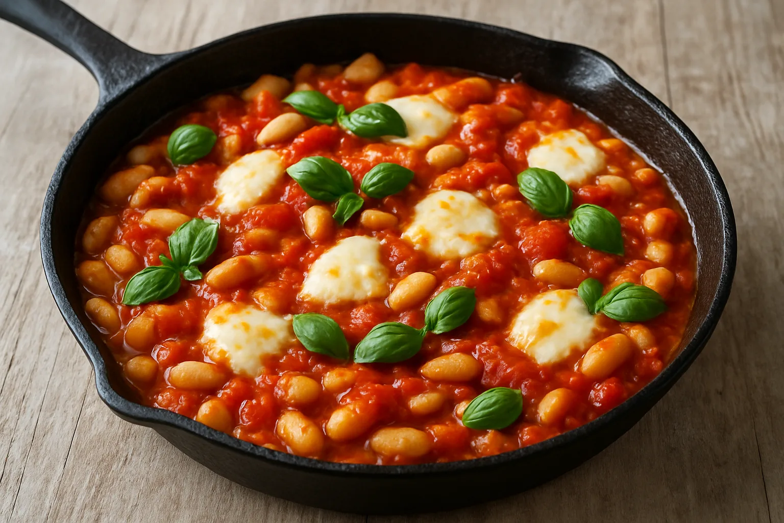 Tomaten-Bohnen-Pfanne mit weißen Bohnen und geschmolzenem Mozzarella