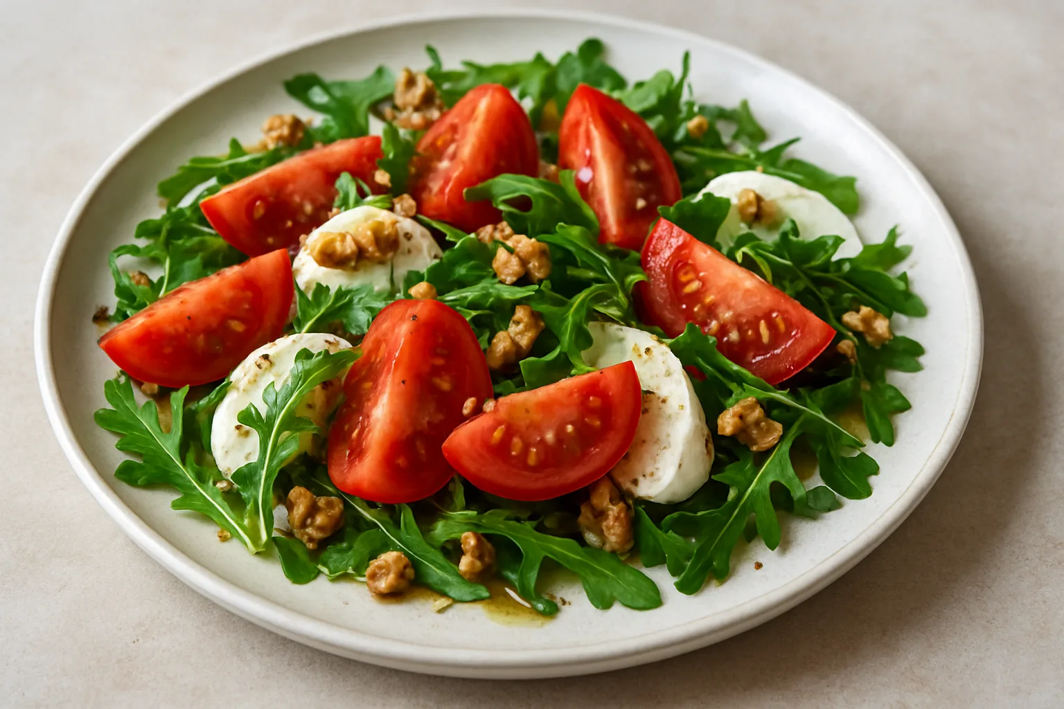 Tomaten-Mozzarella-Salat mit Rucola und gehackten Walnüssen