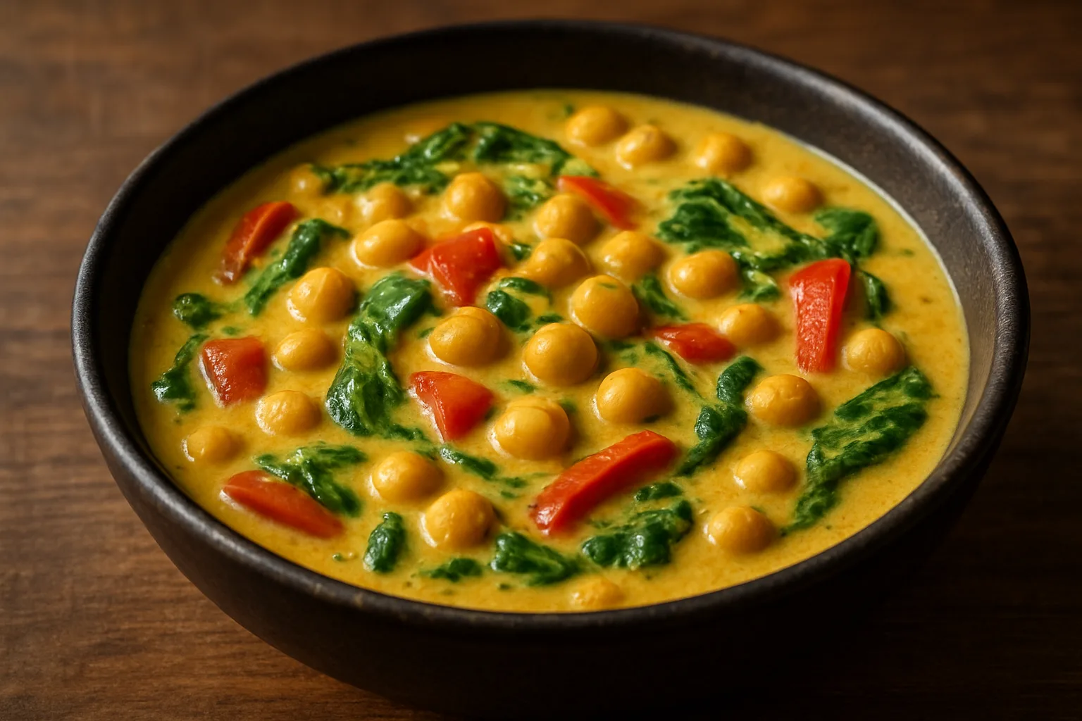 Veganes Kichererbsen-Kokos-Curry mit Paprika und Spinat