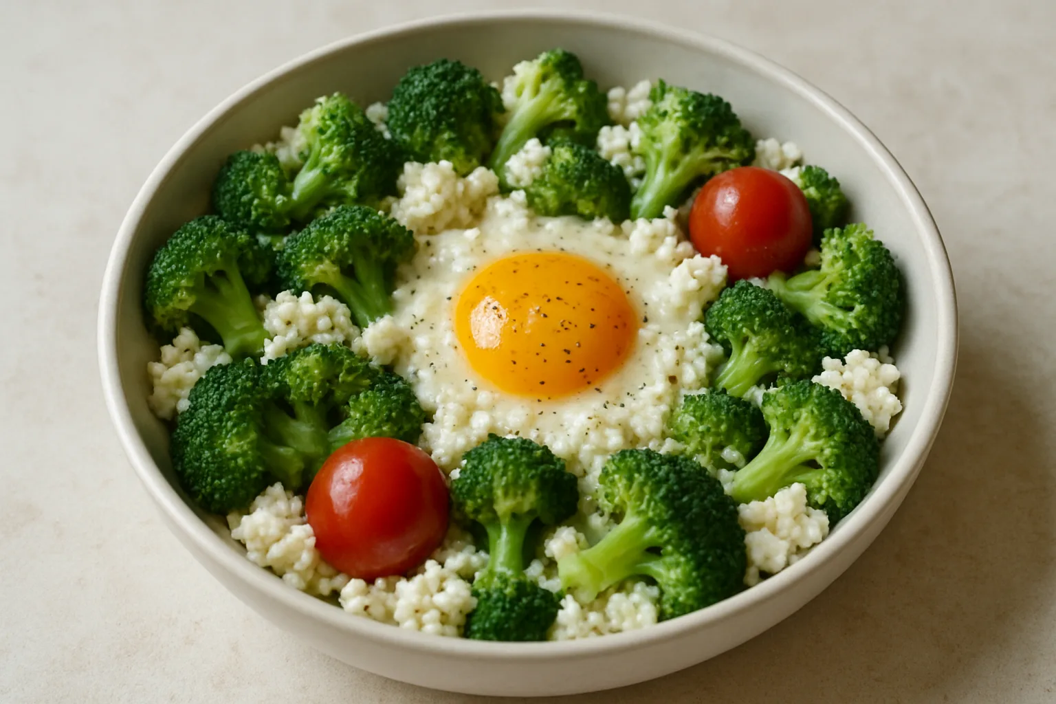 Vegetarische Brokkoli-Hüttenkäse-Pfanne mit Ei und Tomaten