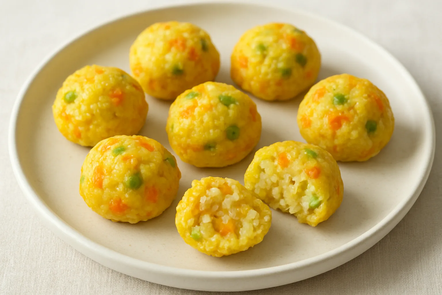 Weiche Gemüse-Reisbällchen mit Möhre und Erbsen für Kleinkinder