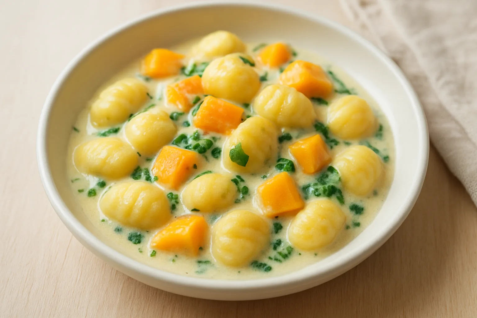 Cremige Kürbis-Gnocchi-Pfanne mit Spinat für Kleinkinder