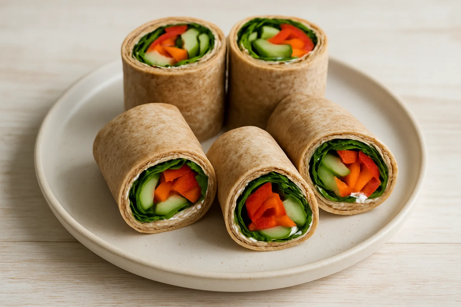 Vollkorn-Wrap-Röllchen mit Frischkäse und buntem Gemüse