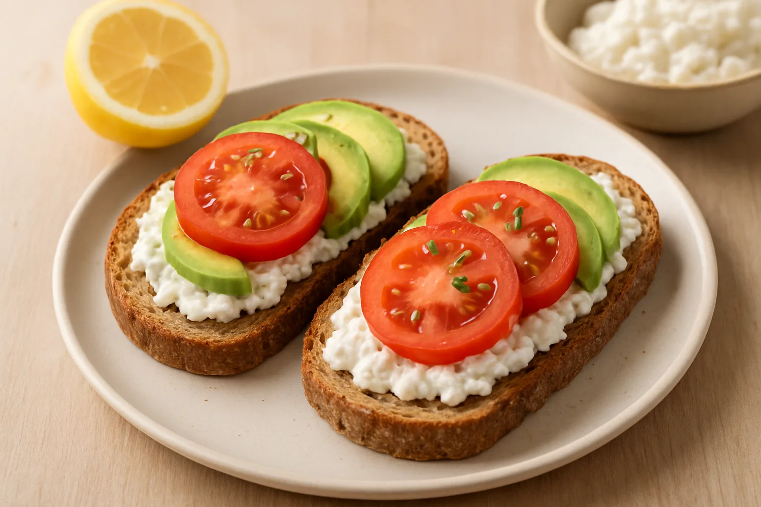 Vollkornbrot mit Hüttenkäse, Avocado und frischen Tomatenscheiben