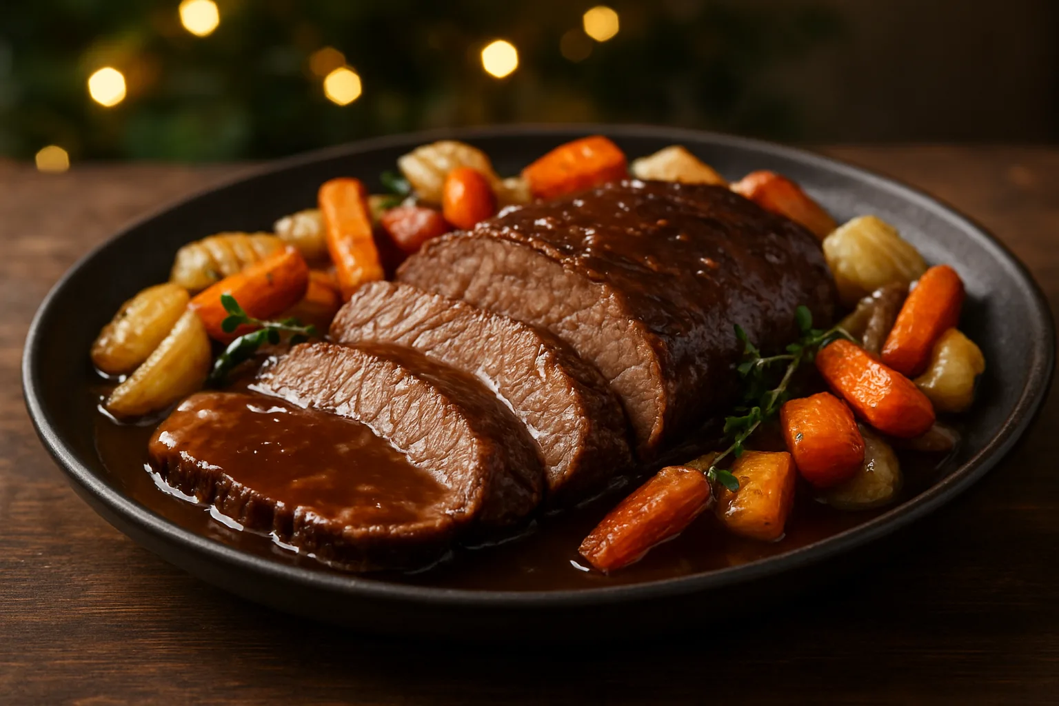 Weihnachtlicher Rinderbraten mit Wurzelgemüse und dunkler Sauce in einer festlichen Servierschale