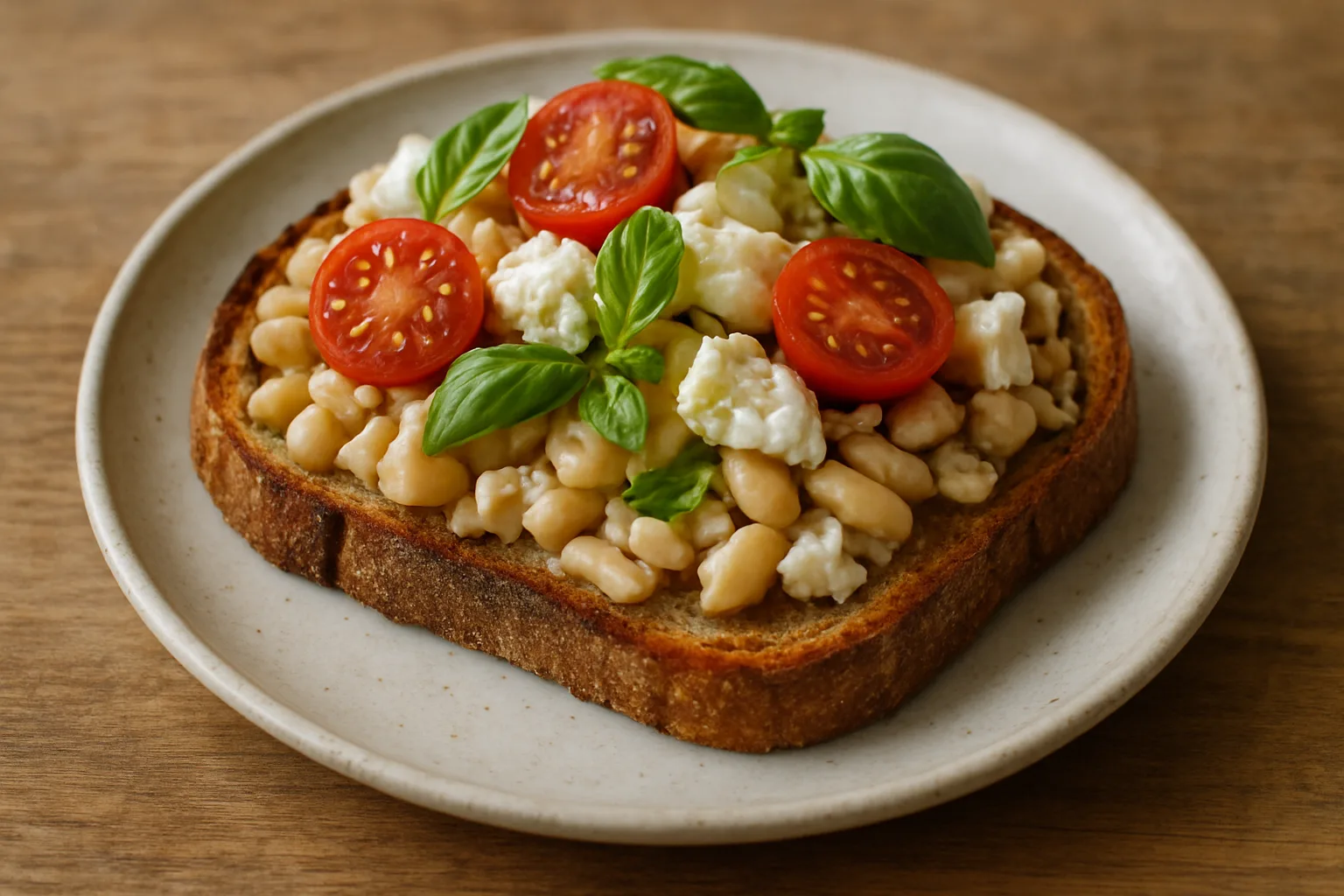 Röstbrot mit weißen Bohnen Tomaten Mozzarella und Basilikum