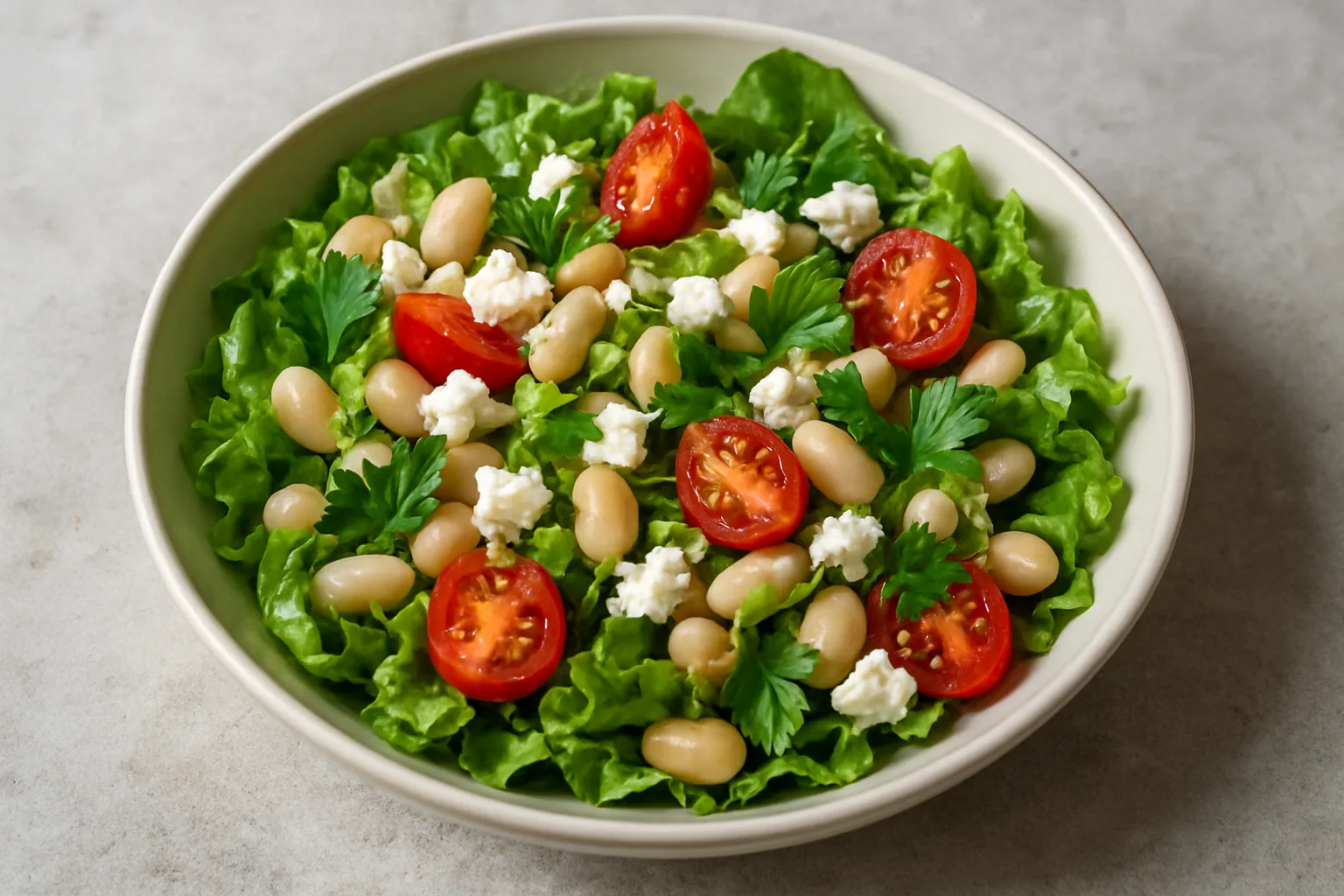 Weiße-Bohnen-Feta-Salat mit Tomaten Petersilie und Zitrone